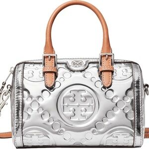 Women's White Mini T Monogram Embossed Metallic Barrel Bag